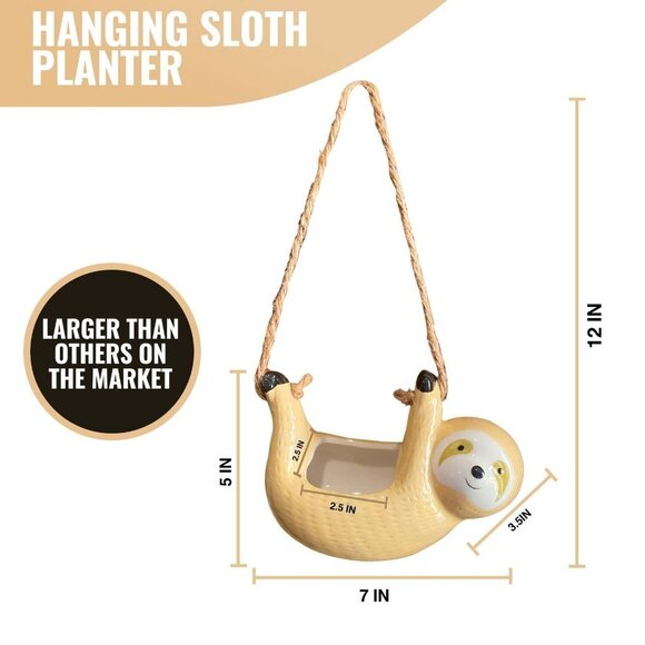 Ceramic Sloth Air-Plant Holder • Beige Sloth Planter • Cute Succulent Pot - Picture 2 of 7